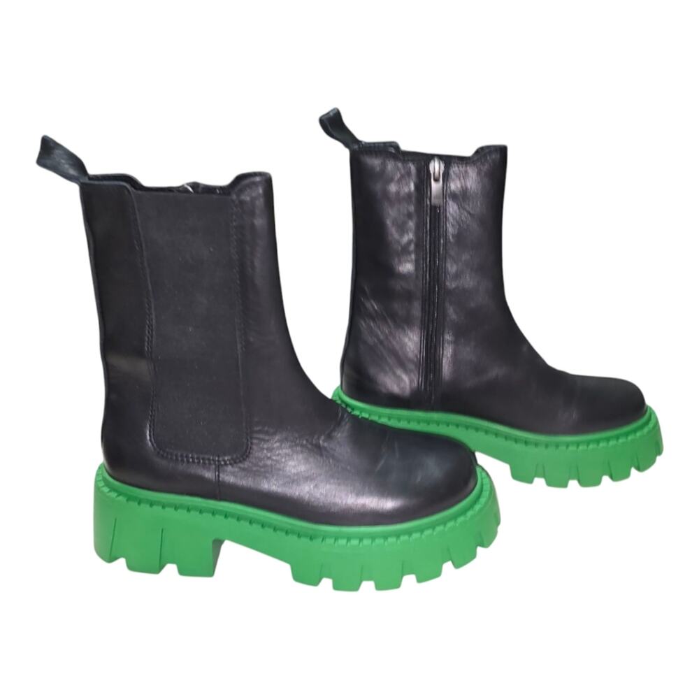 Steve Madden Charges Black Green Sole Leather Zip Up‎ Chunky Boots size 7 New - Picture 6 of 14